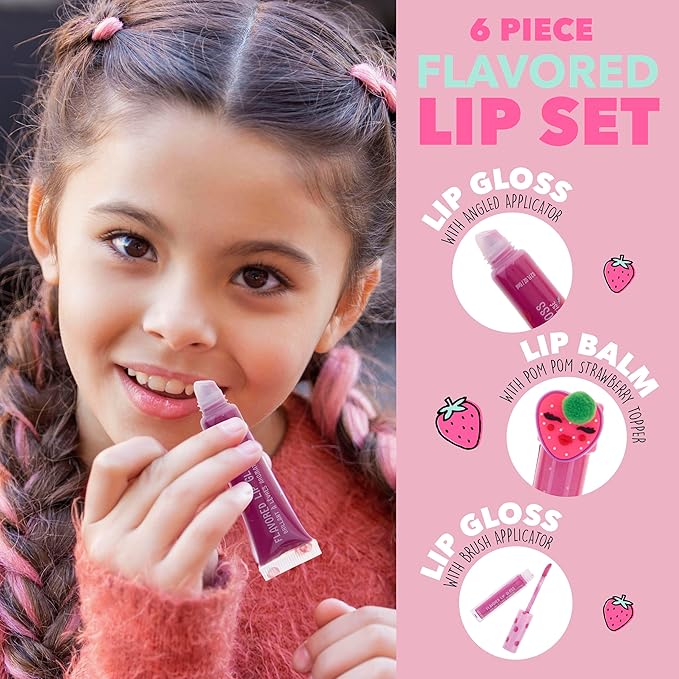 EXPRESSIONS 6pc Lip Set - Strawberry Flavored Lip Gloss & Balm Kit, Fruity Flavored for Girls | Safe and Non-Toxic Gift Set