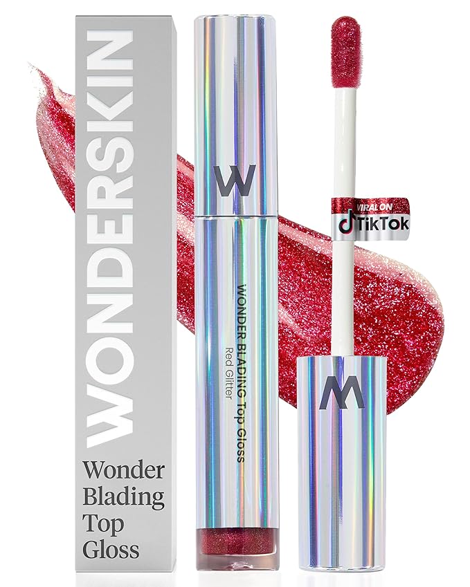 Wonderskin Wonder Blading Lip Stain Peel Off Masque - Long Lasting, Waterproof (Playful) with Top Gloss - Red Glitter Lip Gloss, Hydrating and High Shine Finish