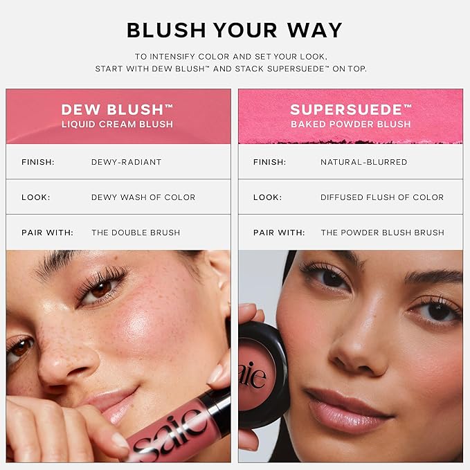 Saie SuperSuede Baked Blush - Talc-Free Powder Blush for All Day Wear - Enriched with Plant-Derived Squalane + Glycerin to Help Moisturize Dry Skin - Mia (.01 Ounce)