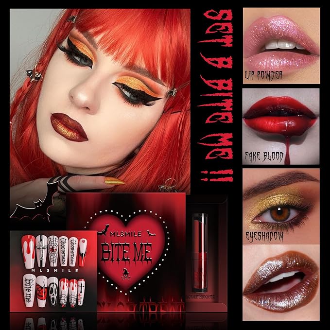 Halloween Makeup Kit,Halloween Press On Nail With Tools,SFX Make up Set Fake Blood Cream,Powder Lipstick,two-tone eyeshadow,2024 New Halloween Party Supplies