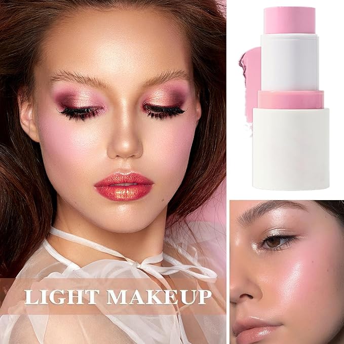 Cream Blush Stick with Brush and Makeup Sponge,Waterproof Multi Cream Makeup Stick,Lightweight,Long-lasting,2 in 1 Multi Blush for Cheeks & Lip Tint & Eyeshadow E