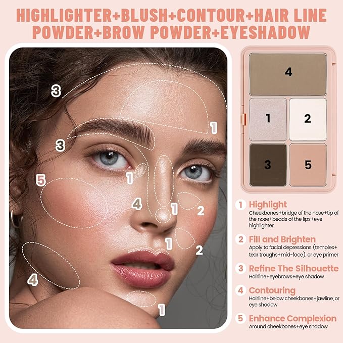 Cool Toned Contour Palette Makeup, All in 1 Highlighter Blush Bronzer Palette for Women, Smooth Long Wear Buildable Nude Primer Powder Three-Dimensional Natural Contouring Face Cosmetic Gift