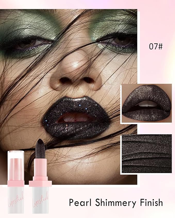 Glitter Lipstick for Women, Shimmer Sparkly Lipstick Long Lasting Waterproof, Diamond Shiny Metallic Matte Lipstick,Non-sticky, Impact Color, Bold Glimmer Glow Lip Gloss, Stage Party Makeup (07#Black)