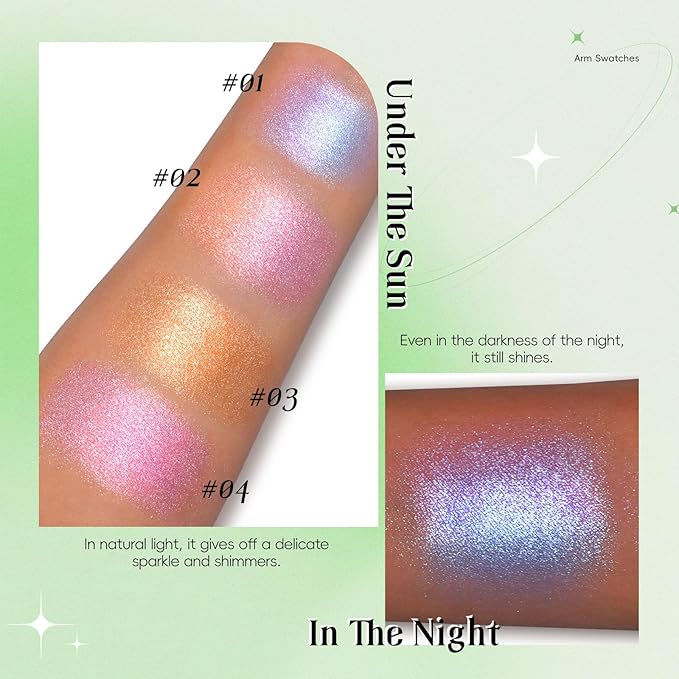 Face Highlighter Palette, Lunar Glow Highlighter Powder Makeup, Chameleon Glitter Shimmer Body Cheek Eye Highlighter, Multichrome Sparkle Holographic Color Shifting Silky Creamy Illuminator#01