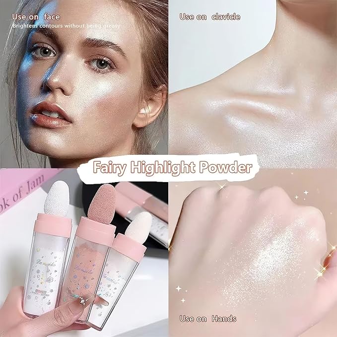 3 PCS Glitter Powder Highlighter Makeup Stick, Pat the Powder Body Highlighter Face Fine Flash Natural Three-Dimensional Contouring Blush Highlighter Stick-White, Pink, Golden brown