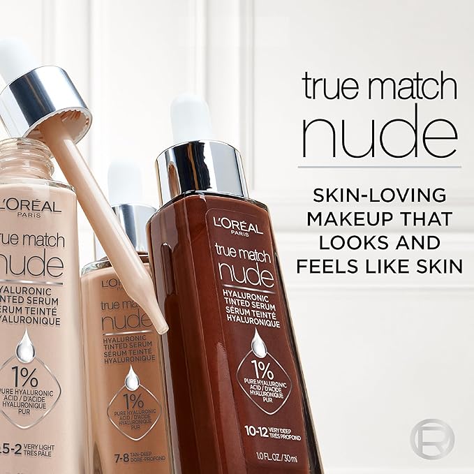 L'Oreal Paris True Match Nude Hyaluronic Tinted Serum Foundation with 1% Hyaluronic acid, Rich Deep, 1 fl. oz.