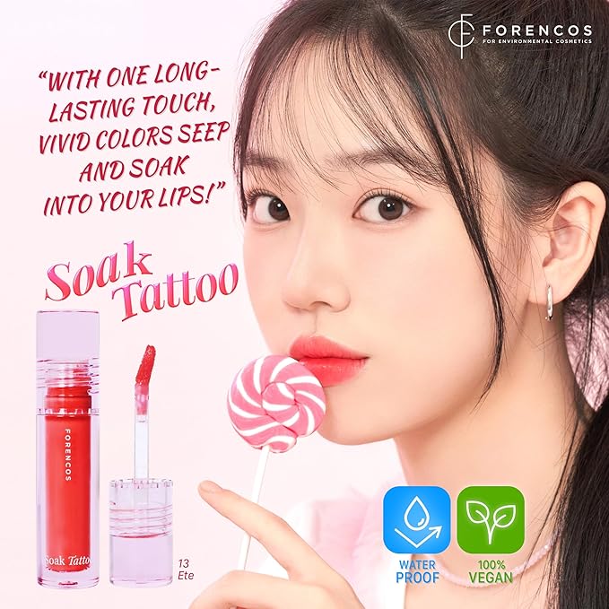 FORENCOS Soak Vegan Lip Tint/Stain, Water Gel Formula, Weightless & Non-sticky Finish, Vivid Color, Smudge-proof, Cruelty-Free, Korean Makeup, Waterproof, 0.11 oz (13 Ete)