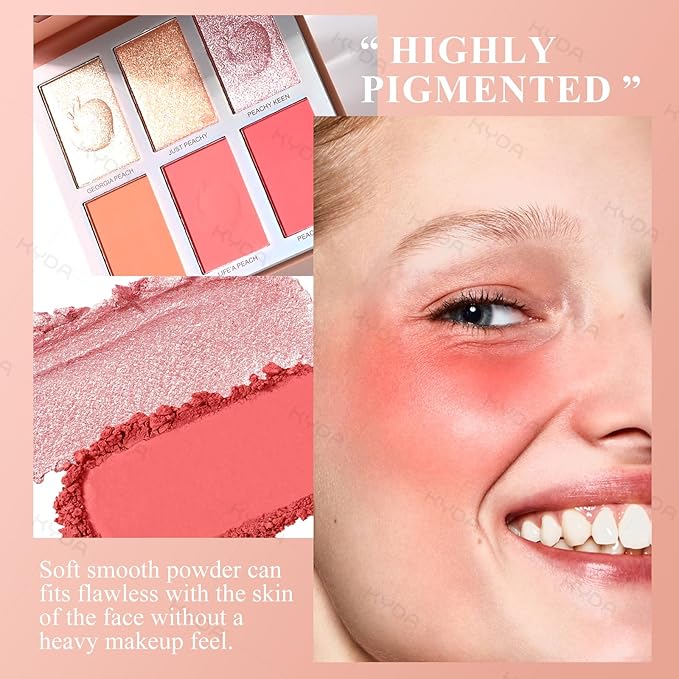 KYDA 6 Colors Blush Palette, Natural Glossy Blush and Highlighter Duo, Buildable Cheek Color, Matte Shimmer Face Blusher Makeup, Lightweight Smooth Powder