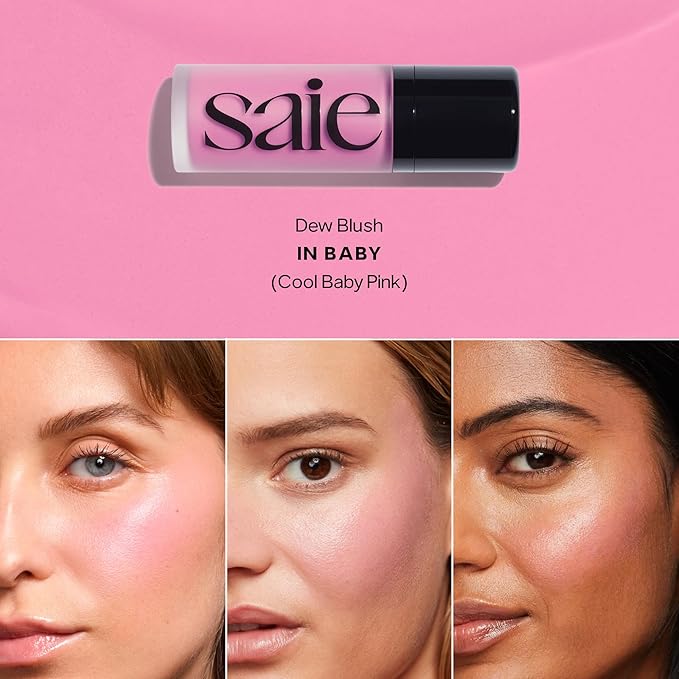 Saie SaieGlow Starter Kit - Hydrating + Highlighting Makeup Kit with Glowy Super Gel in Roseglow, Dew Blush in Baby, and Glossybounce Lip Gloss in Play (3 Count)