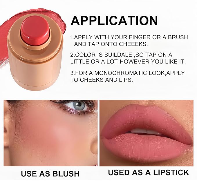 MAEPEOR Matte Blush Stick Creamy Natural Looking Finish Face Blush Long-Lasting Lightweight Buildable Blushes Stick for Cheeks (Color H02)