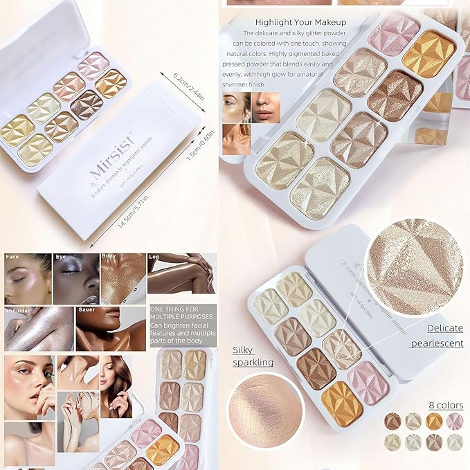 8 Colors Highlighter Makeup Palette, Glitter Eyeshadow Palette Facial Contour Brightening Blush Makeup Shimmer Glitter Highlighter Bronzer Palette Highlighters Cosmetics