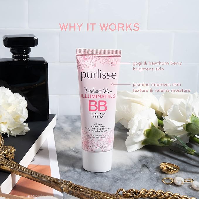 pūrlisse Radiant Glow Illuminating BB Cream with SPF 30 - Glow BB Cream Enriched with Goji & Hawthorn Berry for Dewy Skin - Helps to Improve Skin Texture & Radiance - Light Medium (1.4 oz)