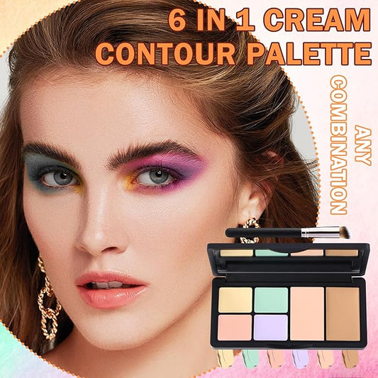 6 Colors Correcting Concealer Contour Makeup Palette,Cream Concealer Contour Palette for Dark Circles Blemish Redness,Highlighting Long Lasting Contouring Liquid Foundation Makeup with Brush(01)