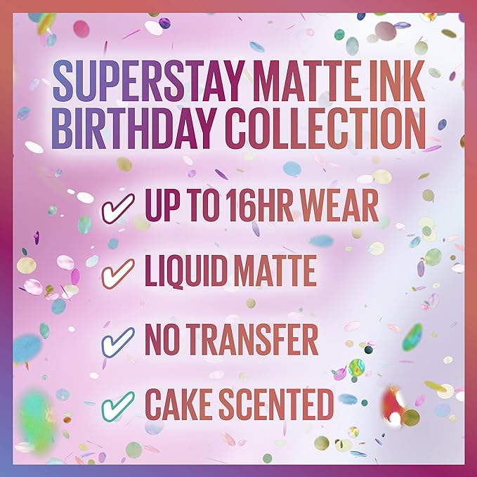 MAYBELLINE New York Super Stay Matte Ink Liquid Lipstick, Transfer-Proof, Long-Lasting, Limited-Edition Birthday-Cake-Scented Shades, Birthday Babe, 0.17 fl oz
