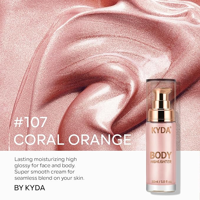 KYDA Body Luminizer, Waterproof Moisturizing and Glow Illuminator For Face & Body, Radiance All In One Makeup, Body Highlighter, 1 Fl.Oz, Coral Orange