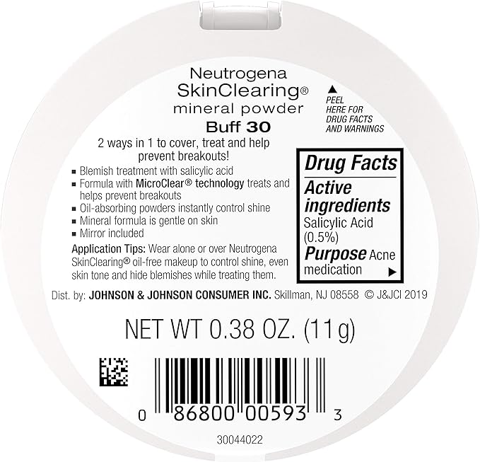 Neutrogena SkinClearing Mineral Acne-Concealing Pressed Powder Compact, Shine-Free & Oil-Absorbing Makeup with Salicylic Acid to Cover, Treat & Prevent Acne Breakouts, Buff 30, .38 oz