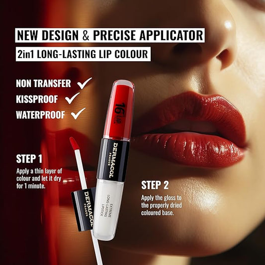 Dermacol NEW 16-Hour Lip Colour, Highly Pigmented Glossy Lip Stain, Two-Phase Lip Plumper Gloss, Kissproof Lip Makeup Products with Matte and Glitter Finish, n.4