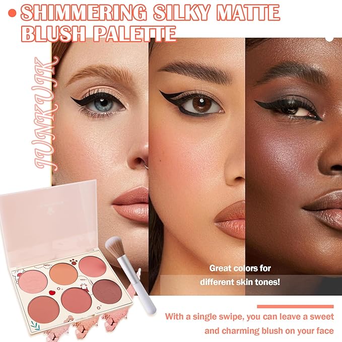 6 Color Shimmer Silky Matte Blush & Contour Highlighter Set With Makeup Brush