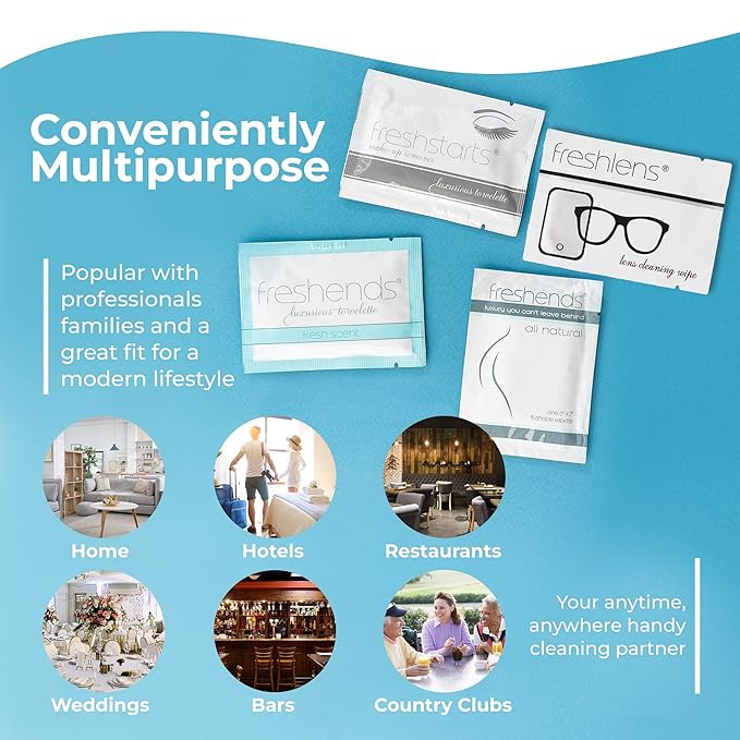 Luxurious Towelette Bundle - Flushable Wipes, Individually Packed Guest Bathroom Essentials for Clubs, Restaurants, Bars, Weddings 100 Bulk Pack, Blue