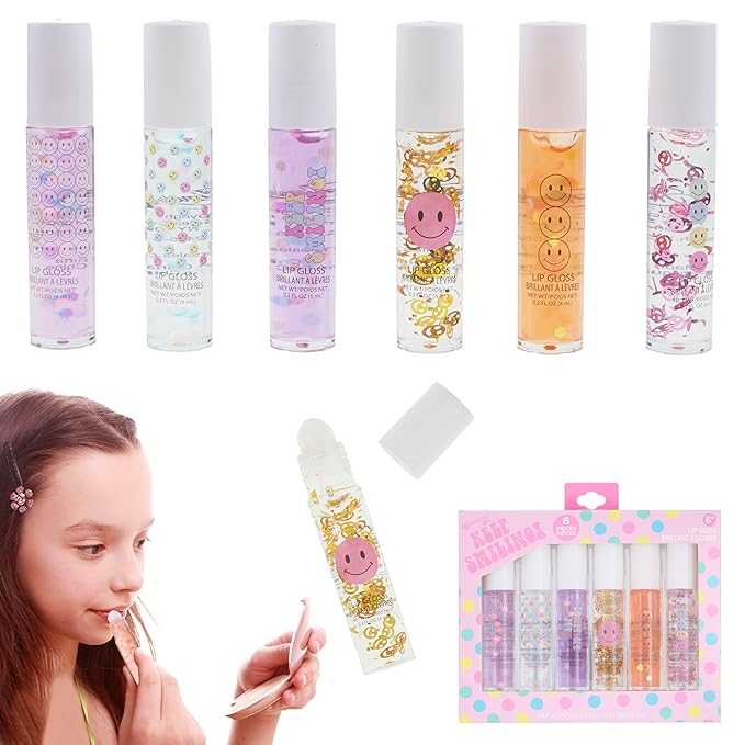 EXPRESSIONS 6pc Lip Gloss Set - High Shine Confetti Lip Gloss Tubes w/Rollerball Applicator Tips | Hydrating Roll On Lip Gloss, Safe and Non-Toxic Lip Gloss Gift Set For Girls (KEEP SMILING)