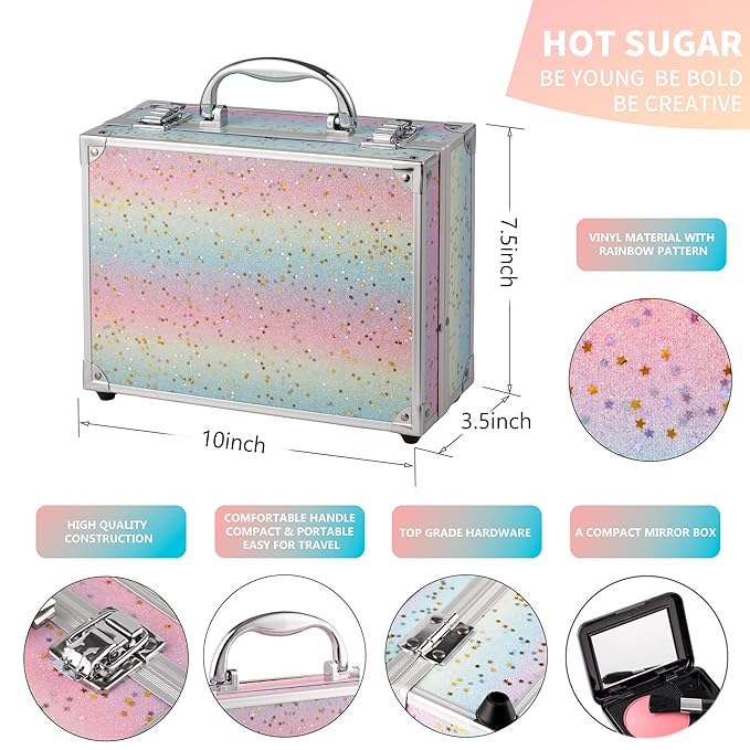Hot Sugar Makeup Kit for Women Full Kit Teen Girls Starter Cosmetic Gift Set with Beautiful Rainbow Train Case Includes Pigmented Eyeshadow Palette Blush Lipstick Lip Pencil Eye Pencil (Rainbow)
