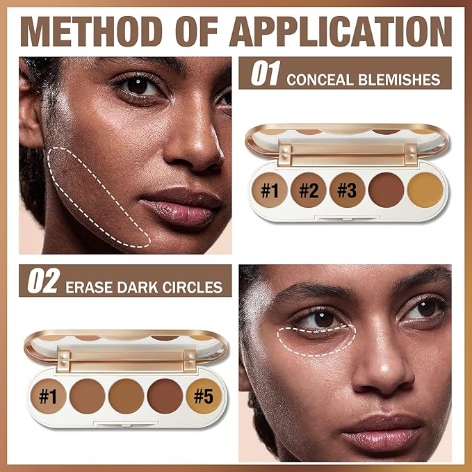 FOCALLURE #GoldenAge 5 in 1 Multi Uses Concealer Palette, 5 Colors Correcting Conceal Palette, Camouflage Contour Palettes for Dark Circles, Face Contouring Highlighter Pallet, BR01 DEEP