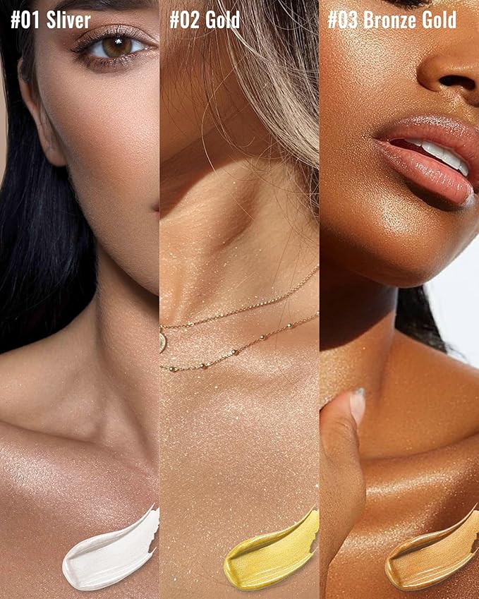 Body Shimmer Glow Oil, Waterproof Long Lasting Face Brighten Gold Luminizer, Moisturizing Hydrating Body Liquid Illuminator Highlighter Women Makeup, Shiny Diamond Face Glitter for Festive Party#02