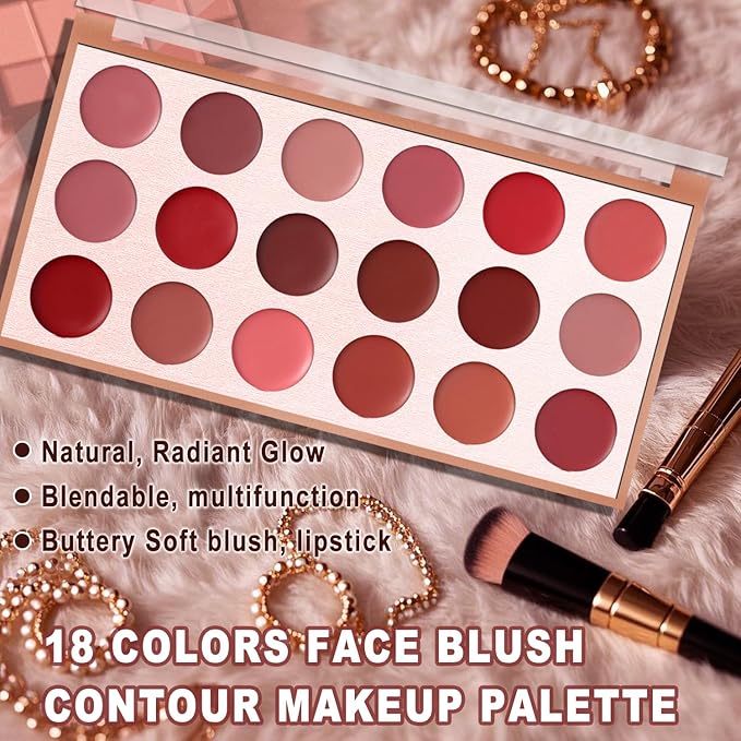 18 Colors Cream Blush Palette - Buildable Cheek, Lip & Eye Makeup, Waterproof & Long-Lasting, Blendable Natural Matte Finish, Vegan & Cruelty-Free, for Contouring, Everyday or Holiday Gift