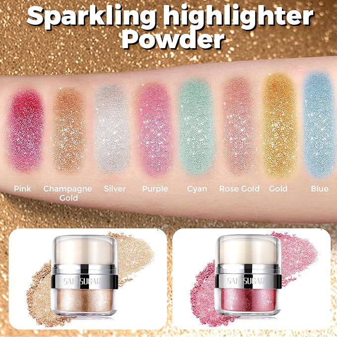 Body Shimmer Powder, 2PCS Glitter Highlighter Powder for Face, Liquid Highlighter Blush Body Glow Shimmer Powder Fairy Brightening Makeup Stick for Eyes, Hair (2, Pink/Champagne Gold, 32 g)