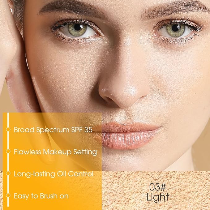 2PCS Mineral Powder Sunscreen Setting Makeup - SPF 35 Brush On Sunscreen for Face & Scalp & Hair, Natural Matte Loose Finishing Powder, Oil Control Lightweight Breathable (#03 Light)