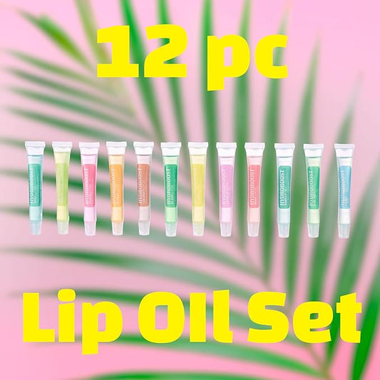 12pc Lip Oil Set - Flavored Lip Oils Value Pack, Hydrating Lip Oils w/Squeeze Tube Application, Moisturizing Lip Oil Collection for Everyday Lip Care and Lip Repair (HYDROBOOST)