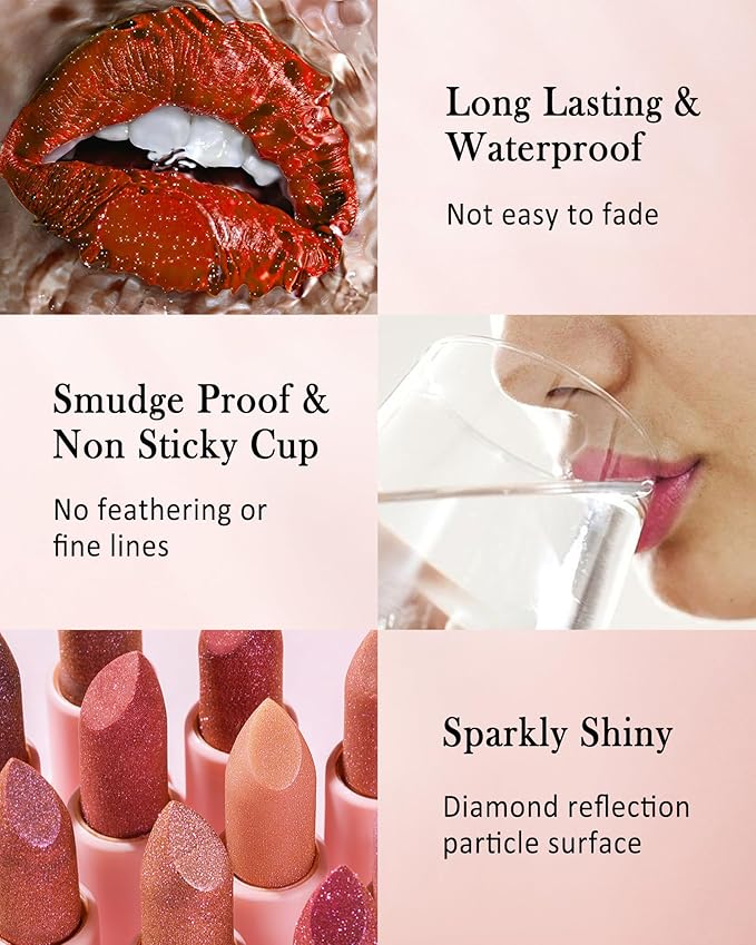 Glitter Lipstick for Women, Shimmer Sparkly Lipstick Long Lasting Waterproof, Diamond Shiny Metallic Matte Lipstick,Non-sticky, Impact Color, Bold Glimmer Glow Lip Gloss, Stage Party Makeup (02#Berry)