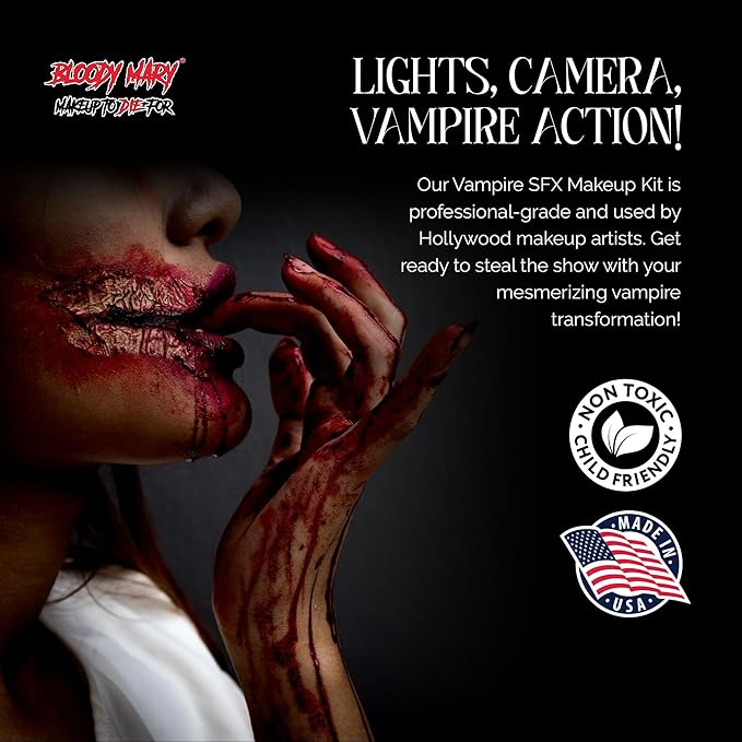 Vampire SFX Makeup Kit - Wicked Bite Special Effects Face Makeup Set with 1/2 Oz. Extra Thick Fake Blood, Black Pencil Liner, Stipple Sponge and Zipper Bag for Halloween or Stage - Bloody Mary