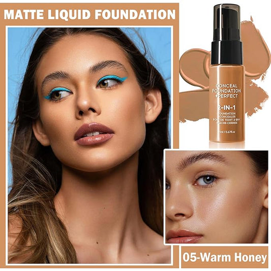 Concealer Full Coverage Foundation for Mature Skin,Oil Control Matte 2 in 1 Concealer liquid Foundation Makeup Waterproof Base De Maquillaje Alta Cobertura-05 Warm Honey