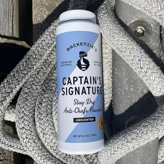 MacKenzie's Captain's Signature Stay-Dry Anti-Chafe Powder - Gifts for Fisherman - Gifts for Men - Calamine - Aloe Vera - All Natural - Talc Free Formula - 6.5 OZ