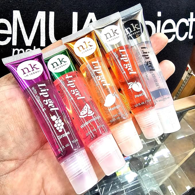 5 Pack Variety Set of Fruity Lip Gels With Viatmin E - Clear, Grape, Peach, Watermelon, and Mango Hydrating Lip Gloss Combination