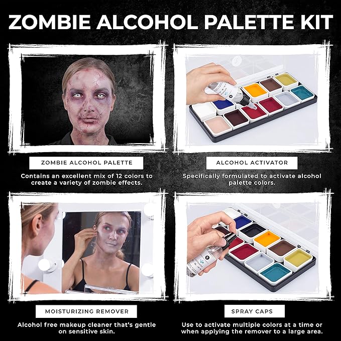 Zombie Alcohol-Activated Palette, Activator, and Remover Kit, Professional SFX Makeup Set