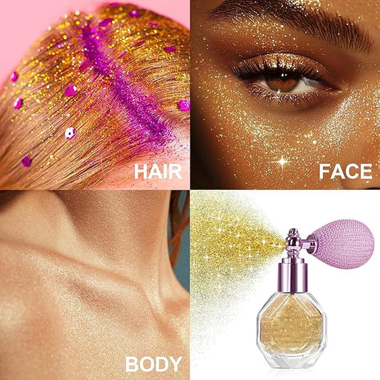 Shimmering Highlighter Powder Spray, Sparkle Powder High Gloss Spray for Face Body & Hair, Long-lasting Glitter Waterproof Face Highlighter Spray for Women Party or Daily Wear, 04