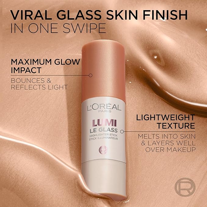 L'Oreal Paris True Match Lumi Le Glass Highlighter Stick, Reflective, Translucent, Glassy Highlighter for Face and Body, 625 Sunset Amour, 0.17 Oz