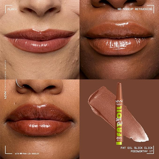 NYX PROFESSIONAL MAKEUP Fat Oil Slick Click, Lightweight, Buildable Pigmented Vegan Lip Balm - Feedworthy (Bronze)