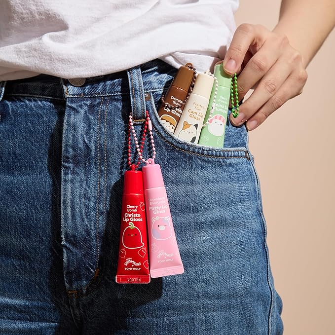 TONYMOLY x Squishmallow Patty Keychain Lip Gloss, Strawberry Shortcake Gloss, Sheer Pigmented Glossy Lip Stain, Hydrating, Non-Sticky, High Shine Glossy, 11ml
