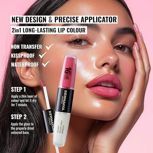 Dermacol NEW 16-Hour Lip Colour, Highly Pigmented Glossy Lip Stain, Two-Phase Lip Plumper Gloss, Kissproof Lip Makeup Products with Matte and Glitter Finish, n.16