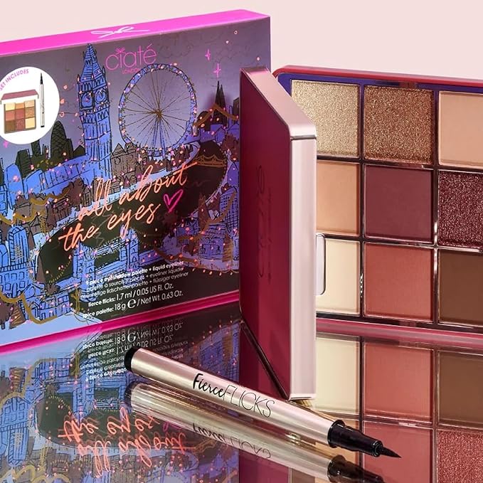 Ciaté London All About the Eyes Kit, Collectable Eye Kit, Contains a 9-Pan Eyeshadow Spice Palette and Fierce Flicks Black Eyeliner, Eye makeup Essential Set, Travel-friendly Duo, Gift Set