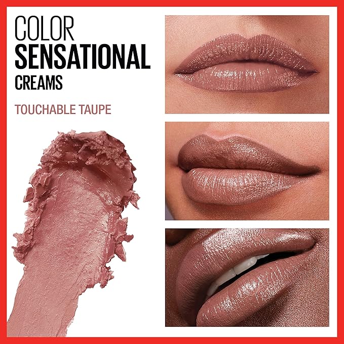 Maybelline Color Sensational Lipstick, Lip Makeup, Cream Finish, Hydrating Lipstick, Touchable Taupe, Nude ,1 Count