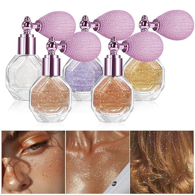 Shimmering Highlighter Powder Spray, Sparkle Powder High Gloss Spray for Face Body & Hair, Long-lasting Glitter Waterproof Face Highlighter Spray for Women Party or Daily Wear, #03