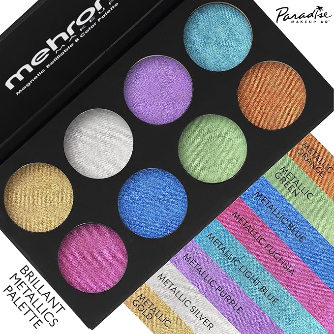 Mehron Makeup Paradise Makeup AQ 8 Color Metallic Palette | Magnetic Refillable Face & Body Paint Palette | Professional Water Activated Paint for Costumes, SFX, Halloween, & Cosplay