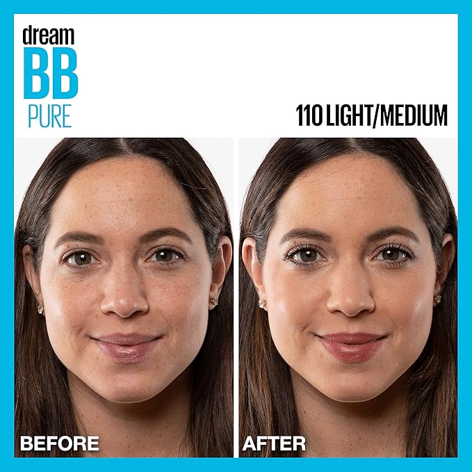 Maybelline Dream Pure Skin Clearing BB Cream, 8-in-1 Skin Perfecting Beauty Balm With 2% Salicylic Acid, Sheer Tint Coverage, Oil-Free, Light/Medium, 1 Count (Pack of 2)