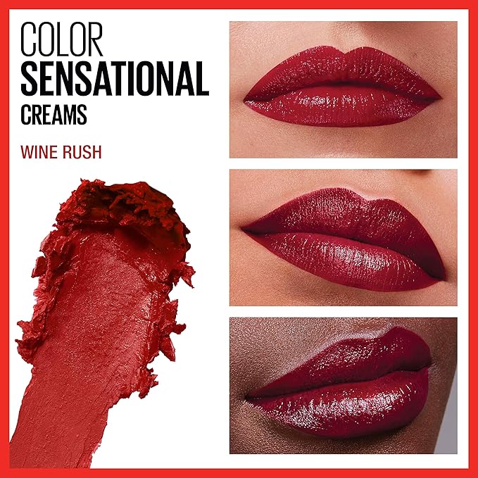 Maybelline Color Sensational Lipstick, Lip Makeup, Cream Finish, Hydrating Lipstick, Nude, Pink, Red, Plum Lip Color, Wine Rush, 0.15 oz; (Packaging May Vary)