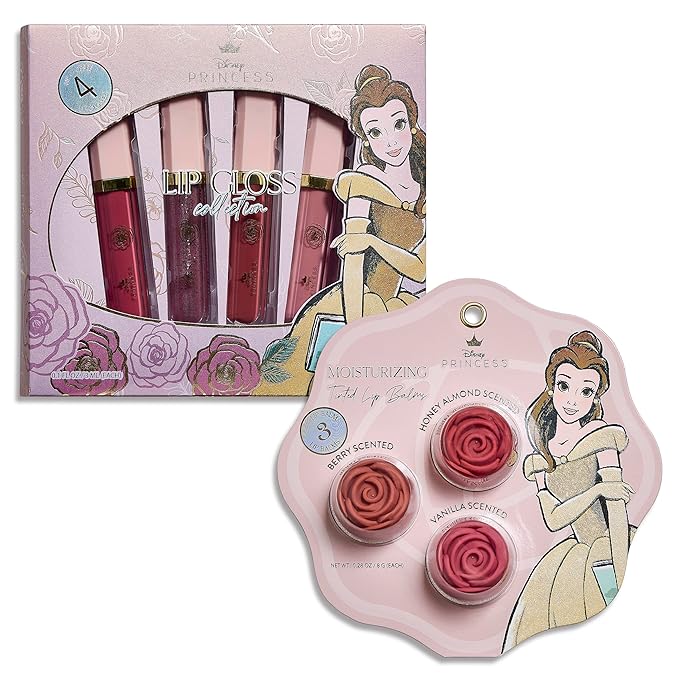 Disney Belle Maison Cosmetic Makeup Set, Makeup Essential Collection, Princess Belle Beauty and the Beast - Includes 3pc Lip Balm, 4pc Lip Gloss