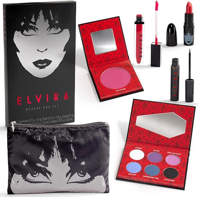Rubies Officially Licensed Elvira Makeup Kit - Complete Makeup Set Eyeshadow Palette, Lipstick, Lip Gloss, Black Eyeliner, Blush, Makeup Bag, Premium Halloween Make Up for Adults Costume Makeup Kit